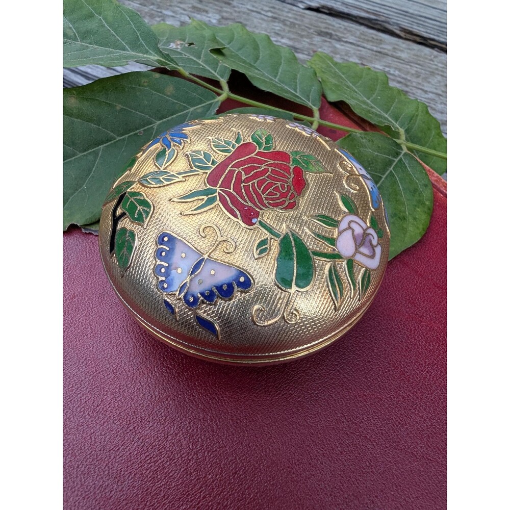 Vintage Brass Enamel Trinket Box; Floral Butterfly Jewelry Box